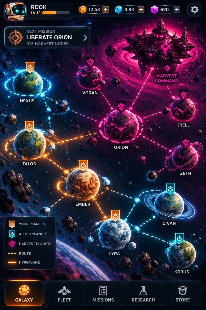 Galaxy map concept showing a campaign route across small worlds